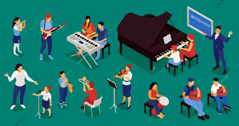 Music school conservatory professional musicians education isometric set with piano lesson flute violin practice background vector illustration