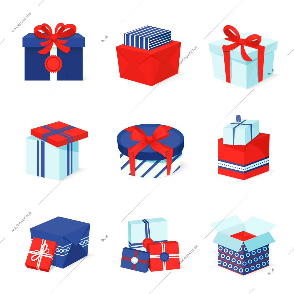 Blue white and red boxes and package gift container icons set isolated vector illustration