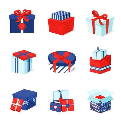 Blue white and red boxes and package gift container icons set isolated vector illustration