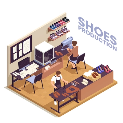 Shoes production concept with footwear symbols isometric vector illustration