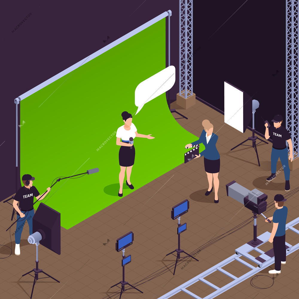 TV show industry isometric background with shooting symbols vector illustration