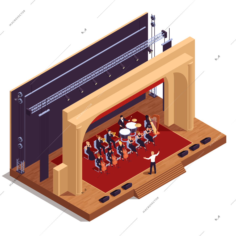 Opera theatre isometric concept with musical performance and play symbols vector illustration
