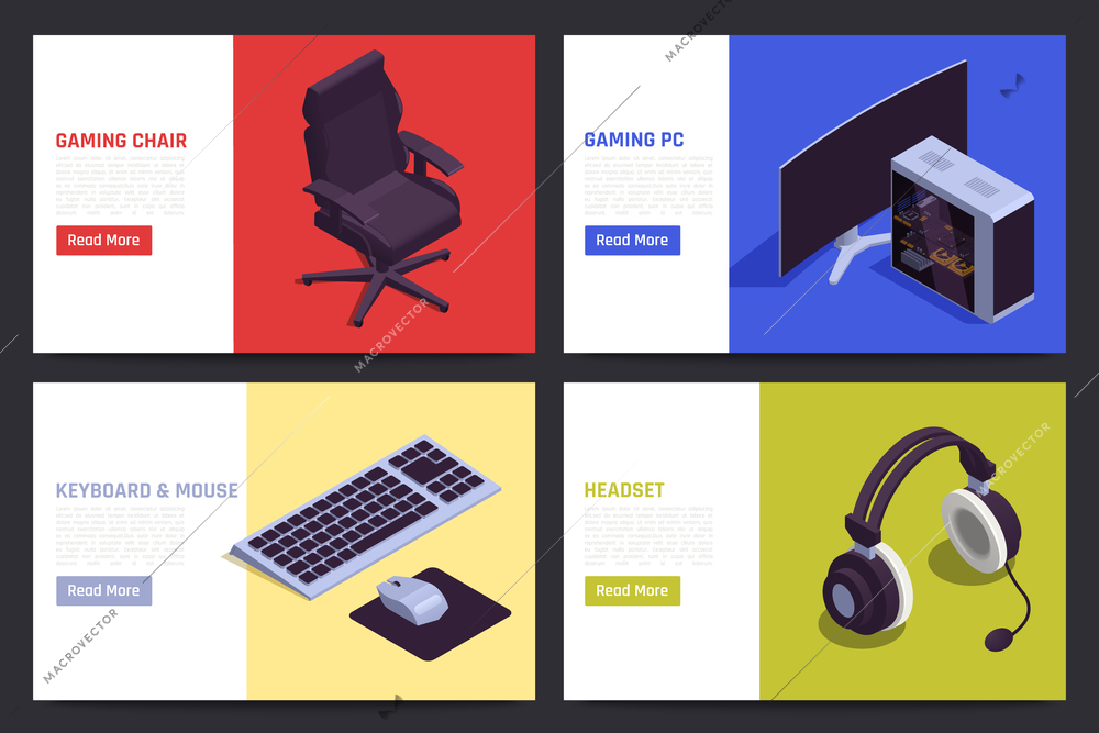 Gaming gadgets banners set with headset symbols isometric isolated vector illustration