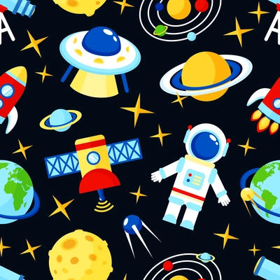 Space and astronomy seamless pattern with satellite astronaut saturn telescope vector illustration