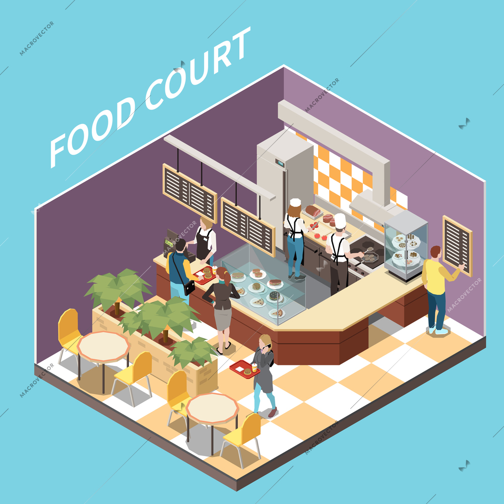 Food court hall isometric view with customers reading menu board choosing meals paying cashier vector illustration