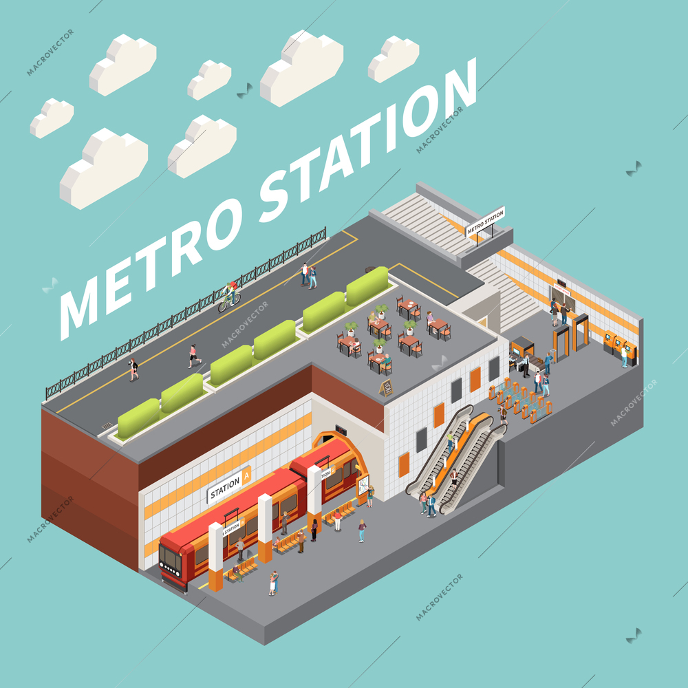 Subway metro underground station with entrance escalator turnstiles passengers purchasing tickets boarding train isometric composition vector illustration