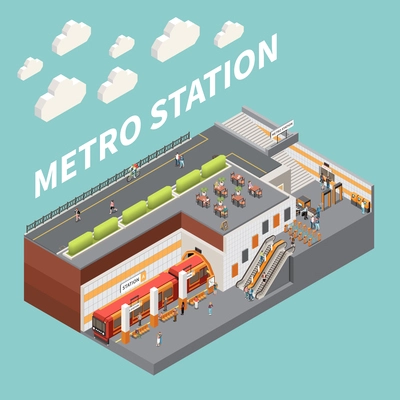 Subway metro underground station with entrance escalator turnstiles passengers purchasing tickets boarding train isometric composition vector illustration