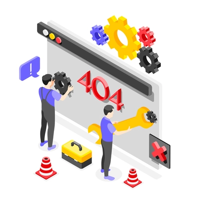 Error isometric composition abstract situation where technicians fix a bug with tools vector illustration