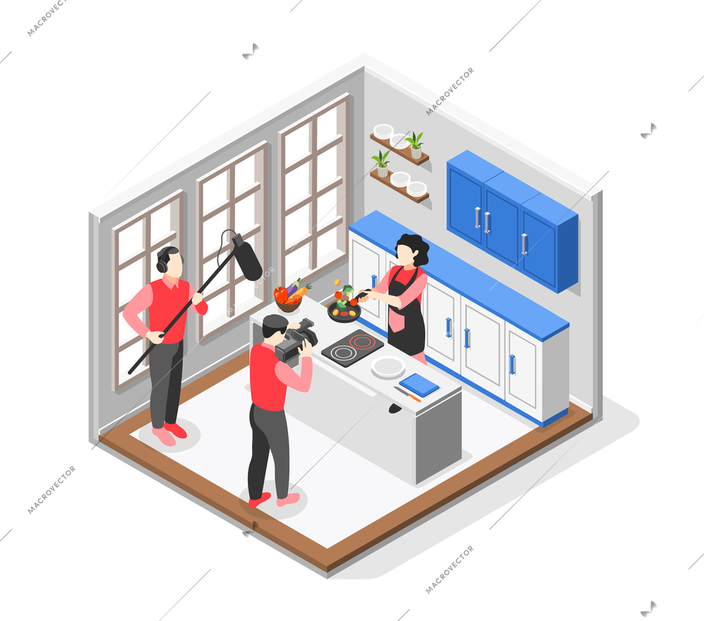 Cooking show colored and isometric composition cooking on camera in large bright studio vector illustration