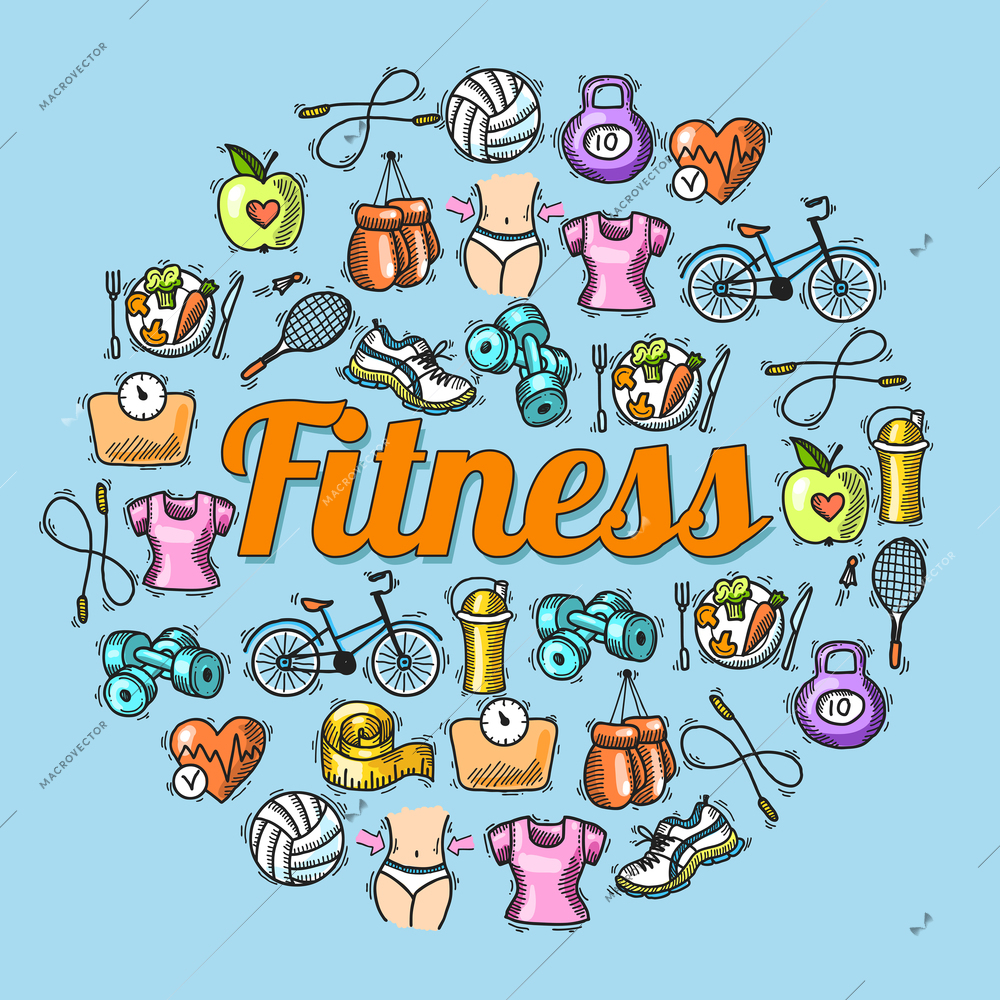 Fitness diet trainer exercise colored sketch hand drawn concept vector illustration