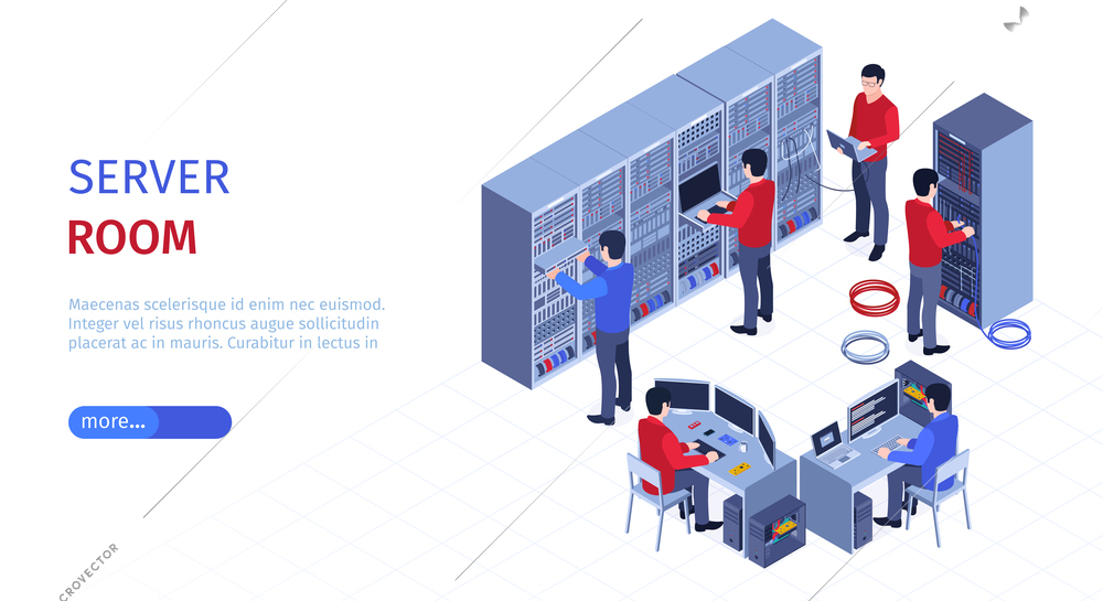 System administrator horizontal banner with server room symbols isometric vector illustration