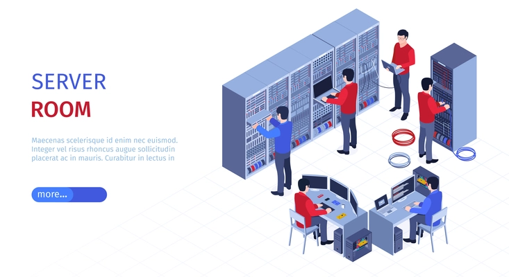 System administrator horizontal banner with server room symbols isometric vector illustration