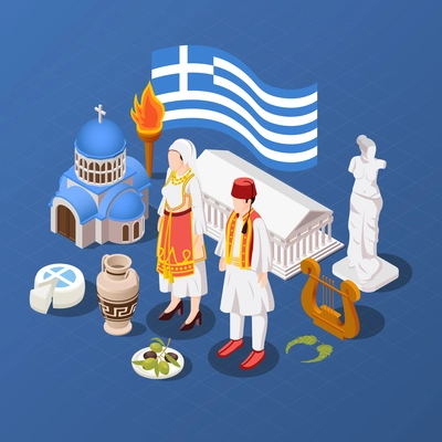 Greece isometric blue background with sculpture of aphrodite parthenon and orthodox church buildings olympic flame people in national costumes vector illustration