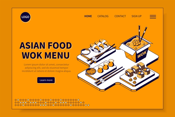 Asian food wok menu isometric landing page for web site with sign up catalog contact heading vector illustration