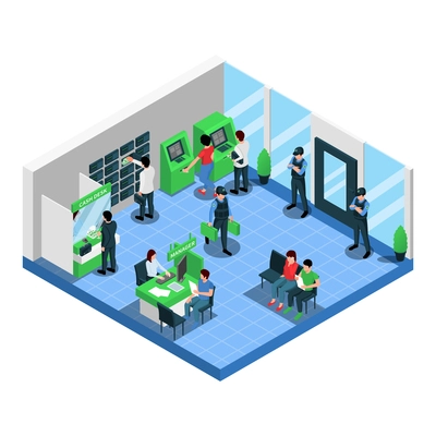 Bank branch isometric composition with employees clients and security guards in bank hall vector illustration