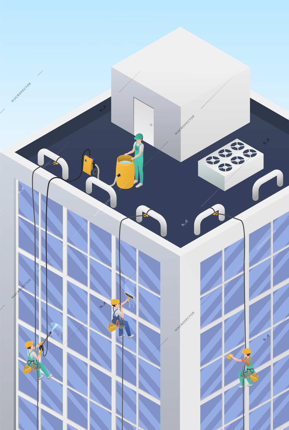 Isometric professional cleaning service composition with group of mountaineer cleaners wash windows in a skyscraper vector illustration