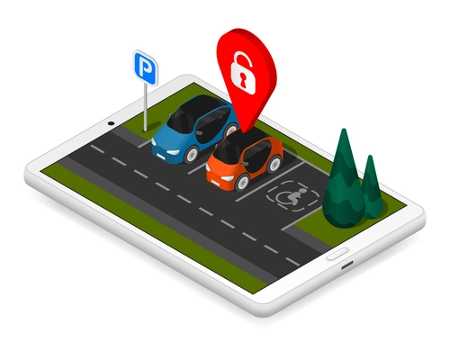 Parking isometric composition abstract representation of online parking with a tablet or smartphone vector illustration