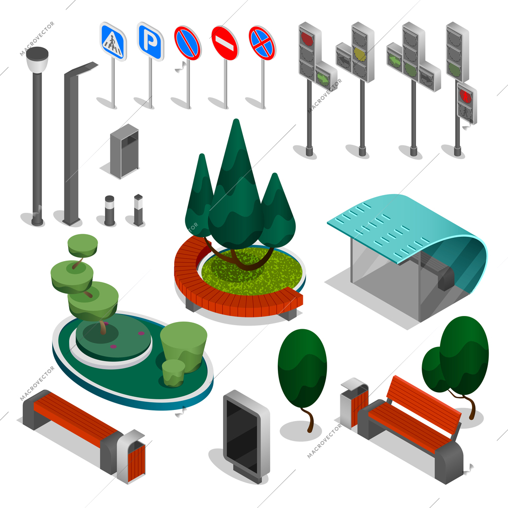 City constructor elements isometric icon set various isolated road signs green trees street lighting parking lots and benches vector illustration