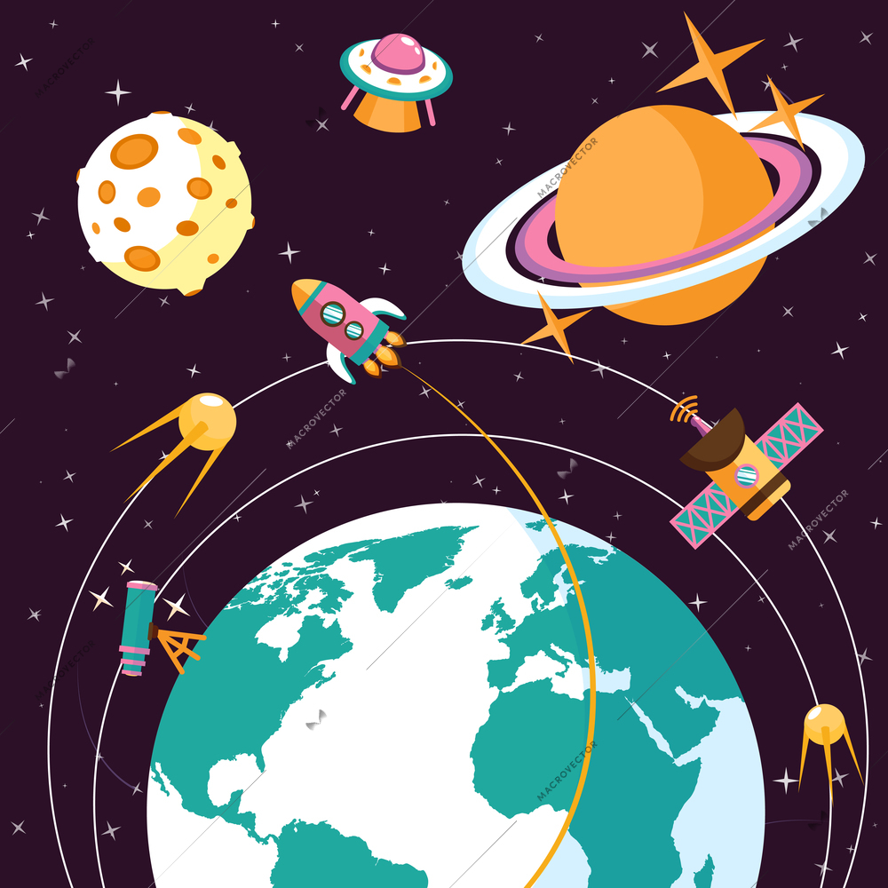 Space concept with globe and rocket satellites astronauts on orbit flat vector illustration