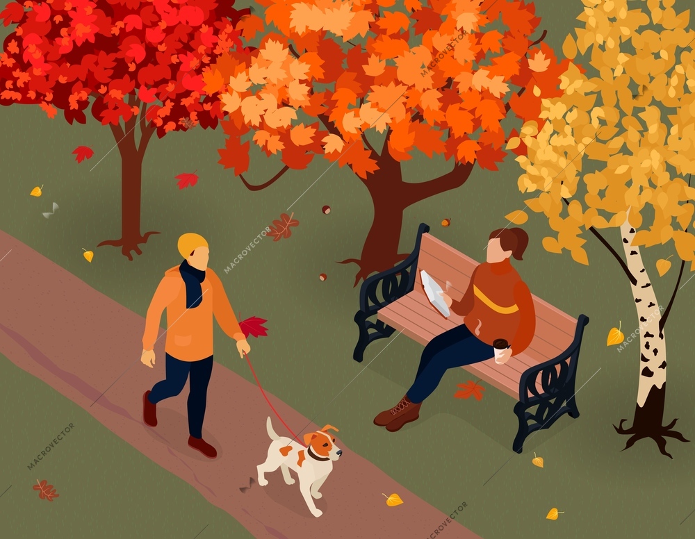 Autumn fall outdoor activities isometric composition with sitting reading on bench dog walking in park vector illustration