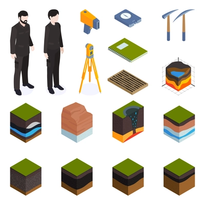 Earth structure exploration set with geological research symbols isometric isolated vector illustration