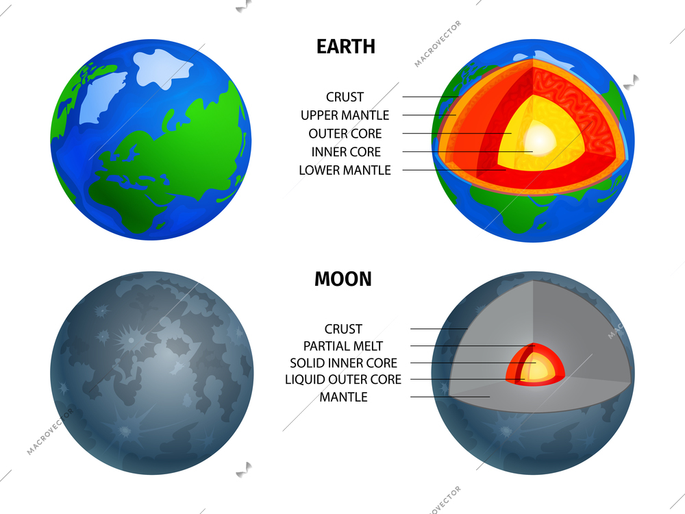 Cosmos objects structure infographics with comparison of earth and moon cross section layers   vector illustration