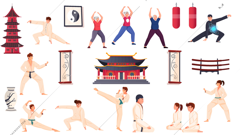 Martial arts flat set of people in sport wear practicing karate kung fu judo qigong isolated vector illustration