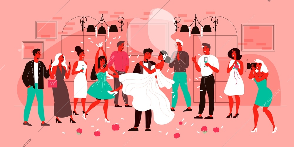 Wedding composition with view of marriage ceremony with characters of guests with happy groom and bride vector illustration