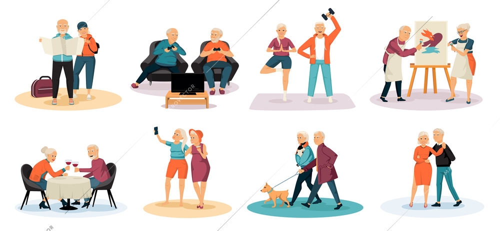 Elderly people color set with isolated compositions of human characters in different situations of leisure activities vector illustration