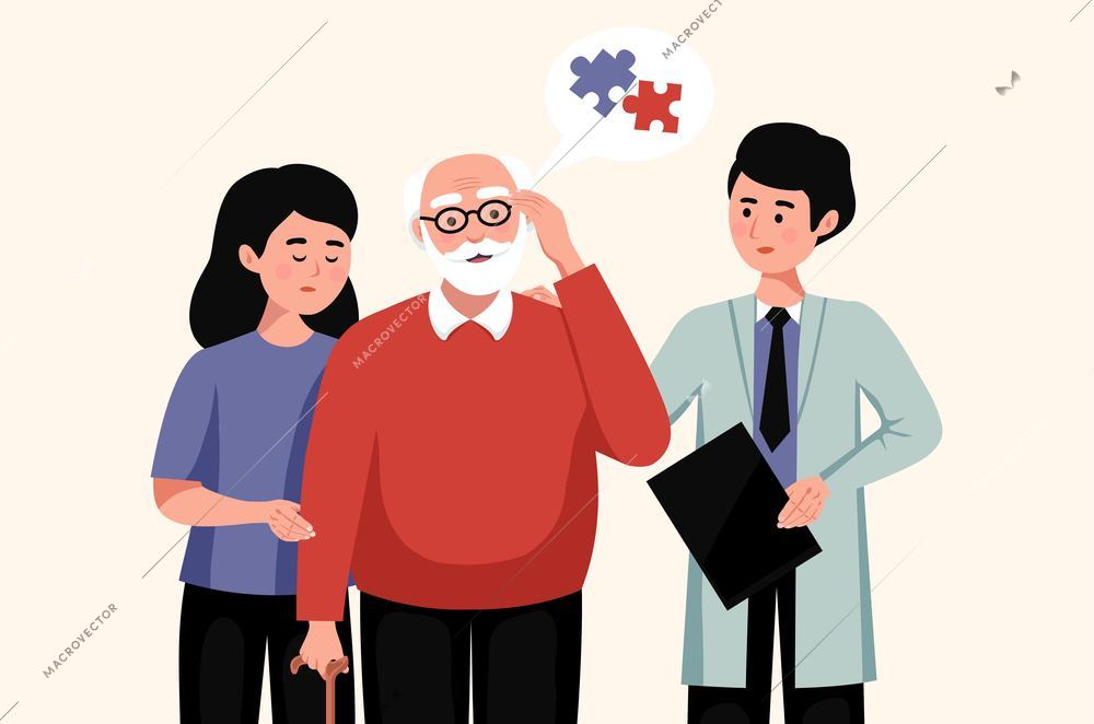 Confused elderly man suffering from alzheimer disease his relative and doctor flat vector illustration