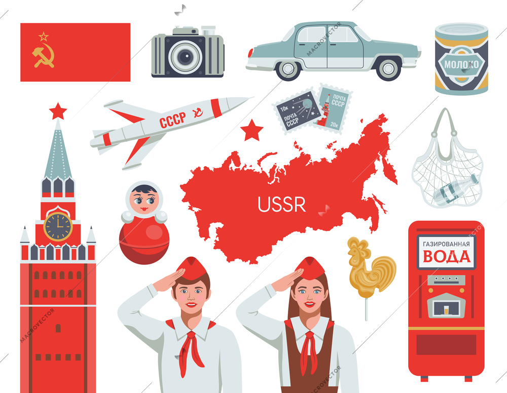 Ussr set of isolated icons with national symbols of soviet union young pioneer characters and and with texts "milk", "ussr post" and "sparkling water" vector illustration