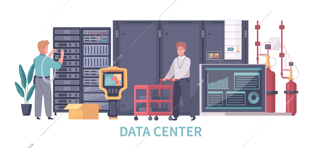 Datacenter cartoon composition with text and view of servers computers cooling system and characters of workers vector illustration