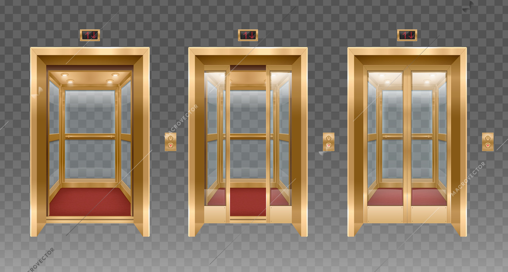 Set of three isolated elevator door realistic images with transparent background and vintage style side post vector illustration