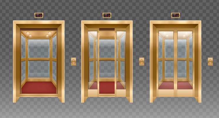 Set of three isolated elevator door realistic images with transparent background and vintage style side post vector illustration