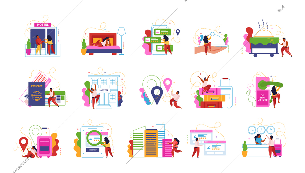 Hostel and tourists flat recolor set of online booking icons location markers hotel guests and staff vector illustration