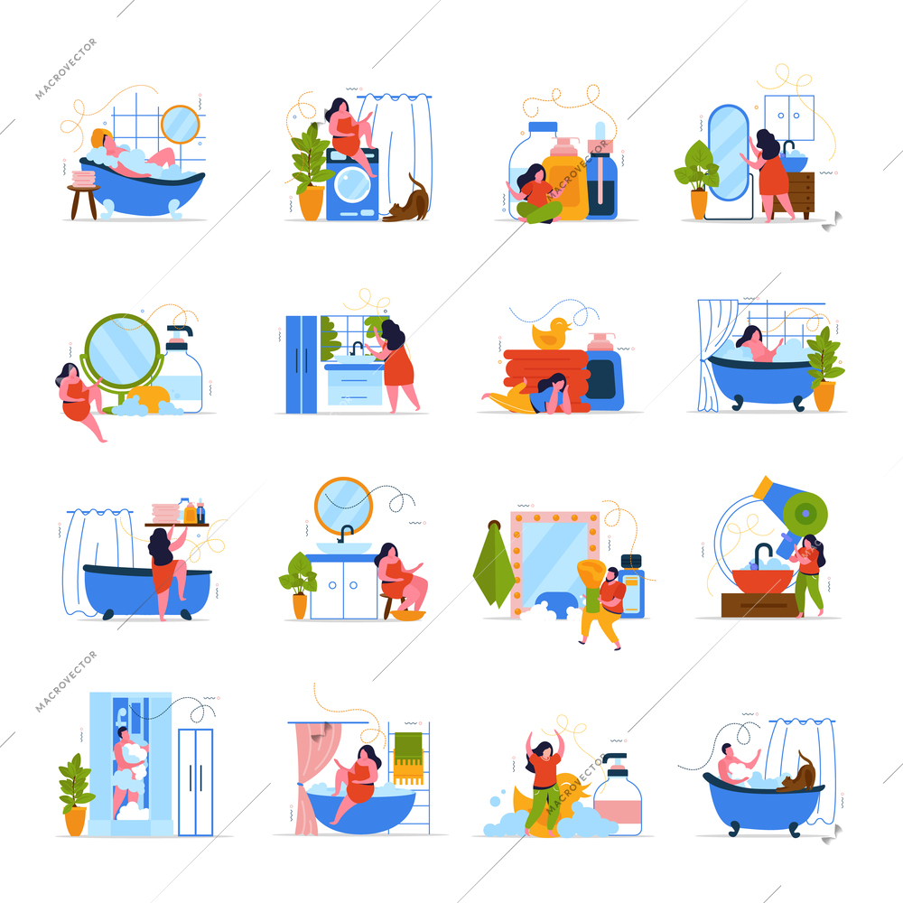 Bath time 4x4 flat icons set of people relaxing in bath with foam bubbles isolated vector illustration