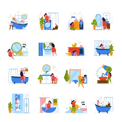 Bath time 4x4 flat icons set of people relaxing in bath with foam bubbles isolated vector illustration