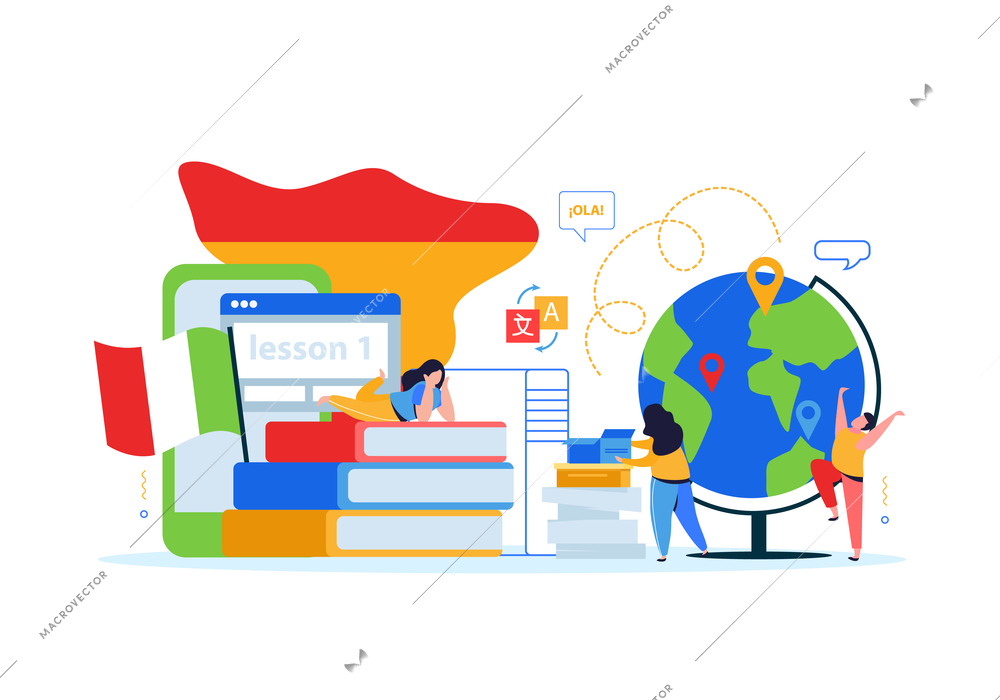 Online language school flat colored composition with people from different countries communicating by mobile app vector illustration