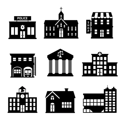 Government building black and white icons set of police shop church isolated vector illustration