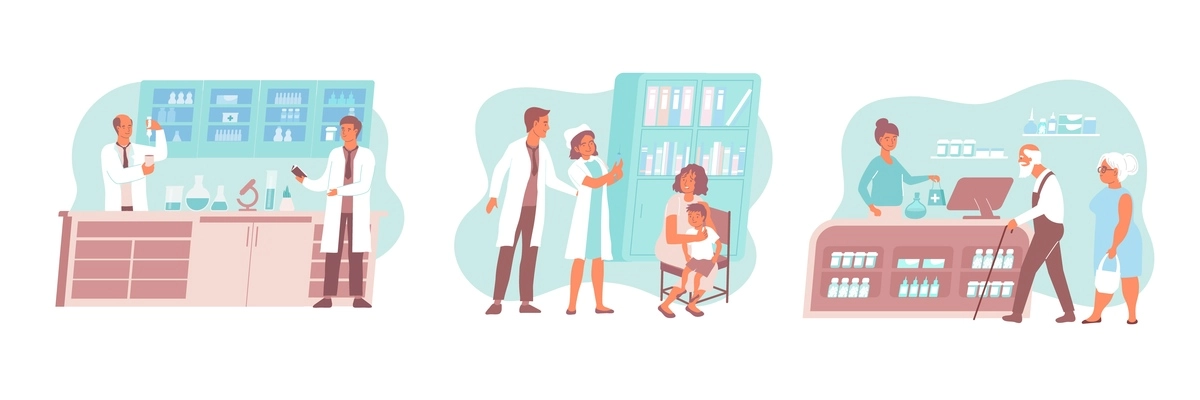 Vaccination flat composition with people at laboratory clinic and pharmacy vector illustration