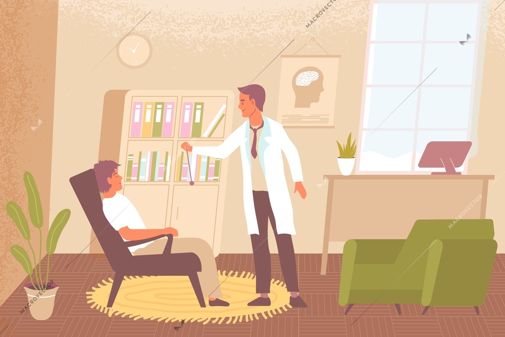 Man during hypnosis session at psychologists office flat vector illustration