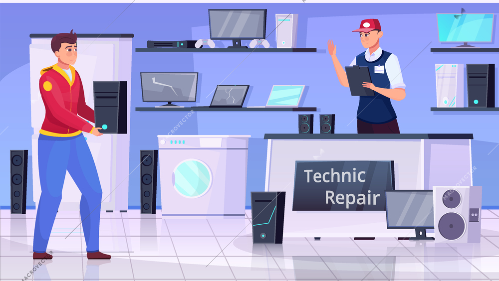 Man brings broken computer to repair office flat vector illustration