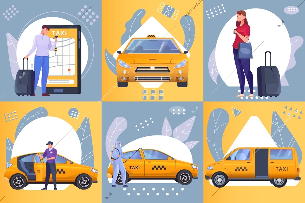 Passengers and yellow taxi cars on yellow and gray background flat vector illustration
