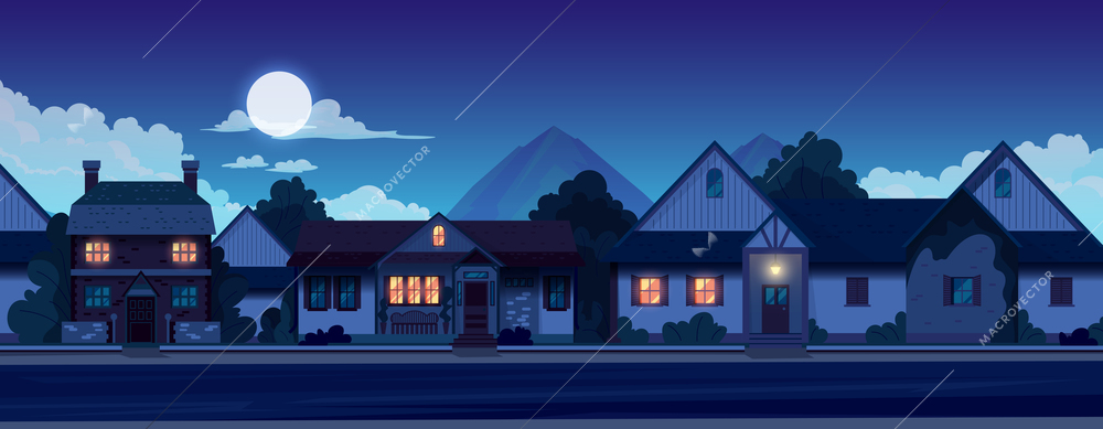 Night panorama of the suburban village with the facades of the country houses flat vector illustration