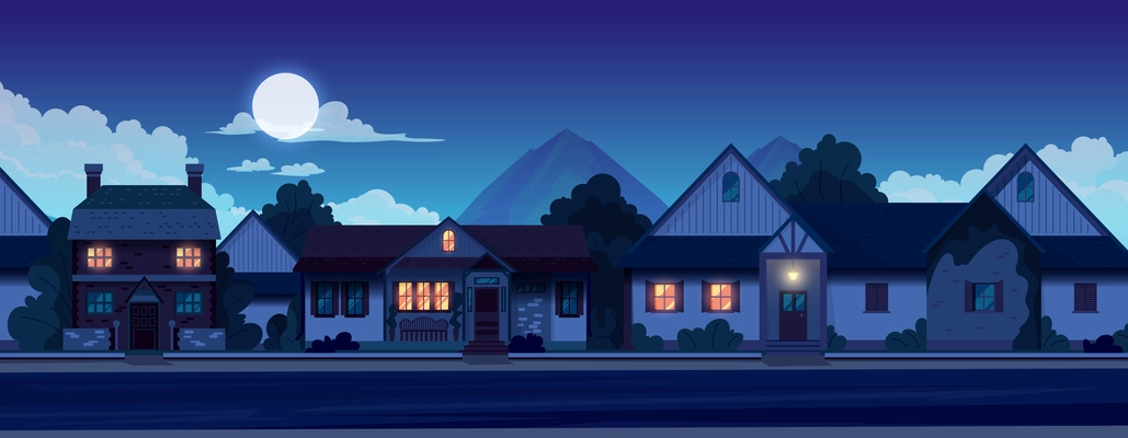 Night panorama of the suburban village with the facades of the country houses flat vector illustration