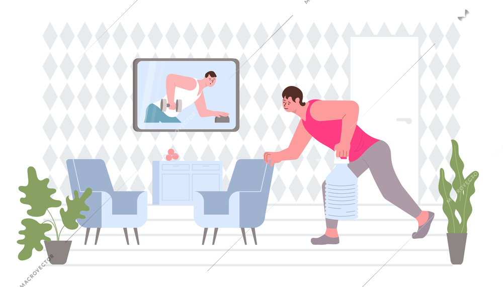 Fitness online flat composition with living room scenery and man lifting weight along to tv tutor vector illustration