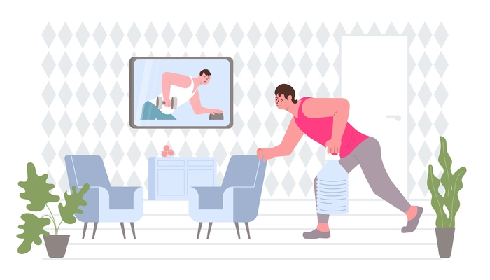 Fitness online flat composition with living room scenery and man lifting weight along to tv tutor vector illustration
