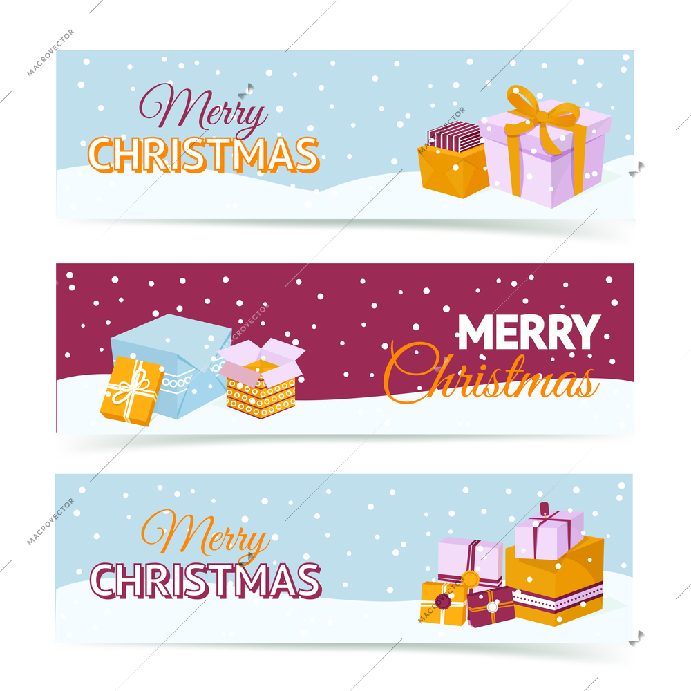 Merry christmas and happy new year horizontal banners set with holiday gift boxes isolated vector illustration