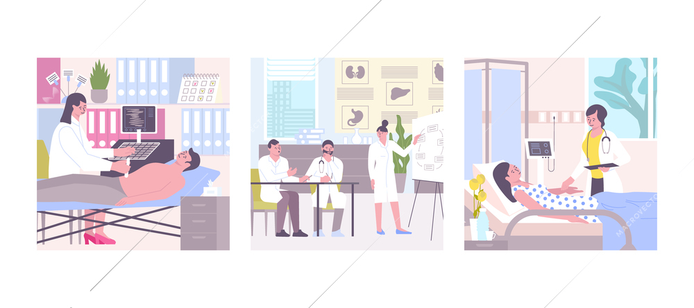 Hospital set of three square compositions with flat clinic sceneries and characters of patients with doctors vector illustration