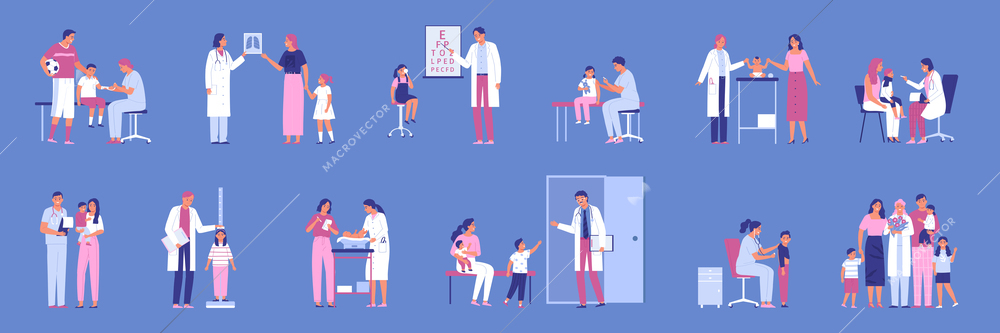 Flat icons set with male and female pediatricians doing medical examination of children and babies isolated on color background vector illustration